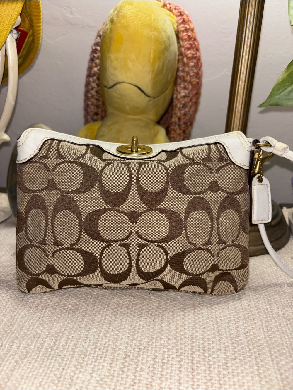 Coach Turnlock Signature Canvas Brown and White Wristlet